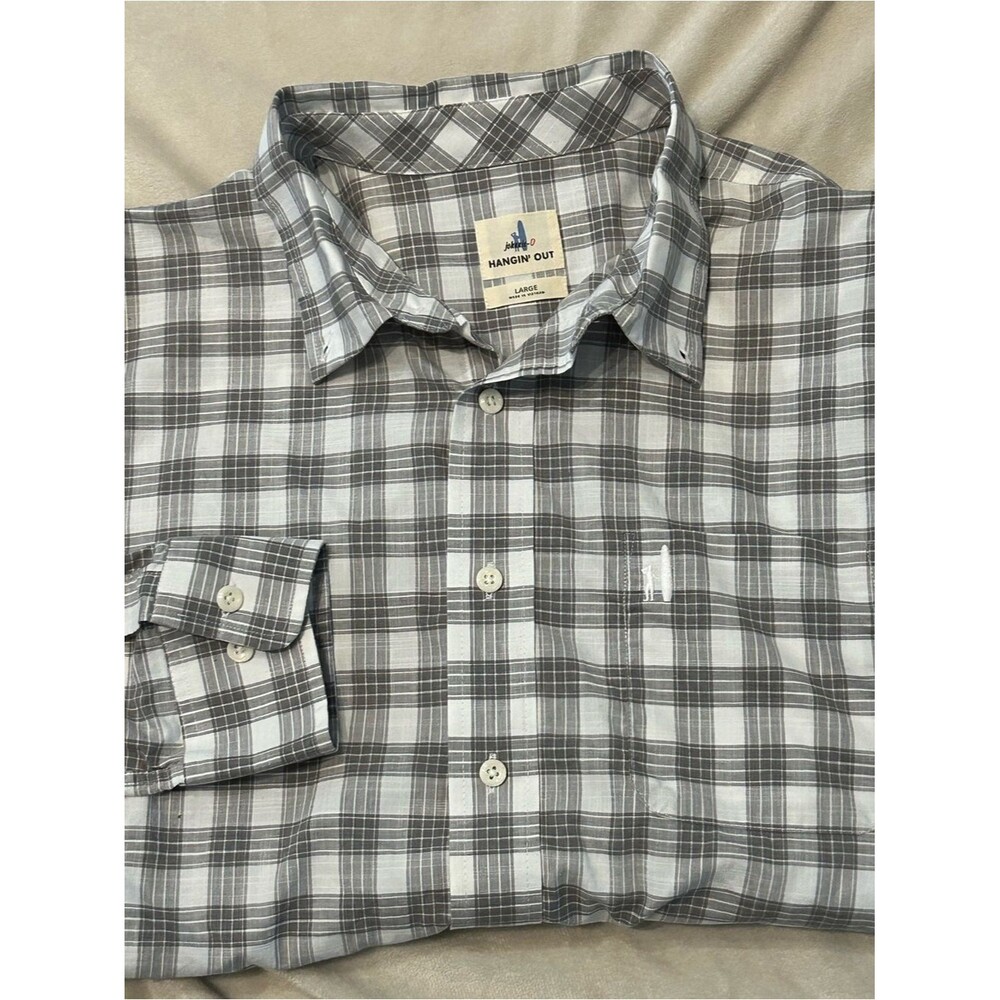 johnnie-O Hangin' Out Men's Large Shirt Gray White Plaid Cotton Button Down L